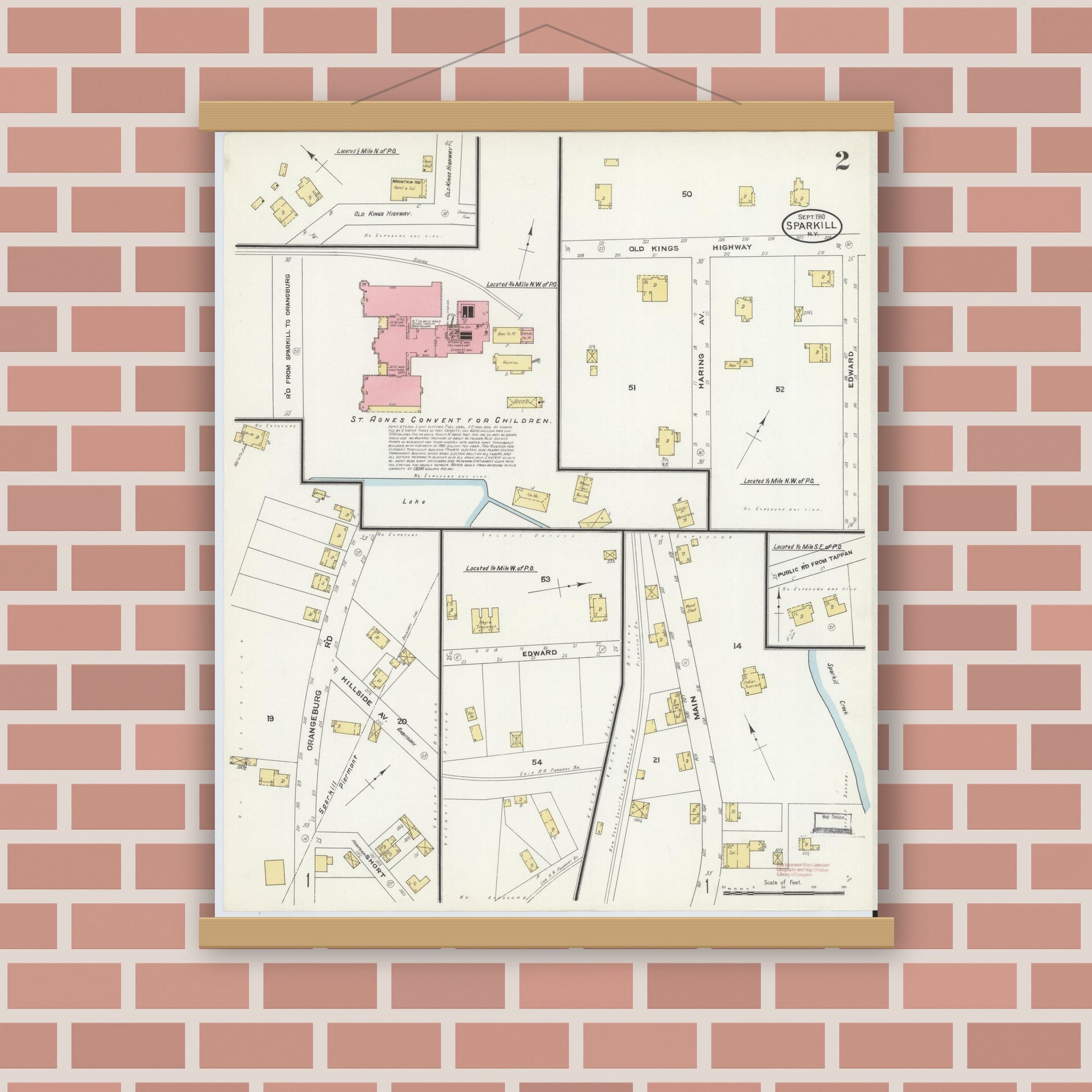 Old map wall art mockup — magnetic wood frame on brick wall — Sanborn Fire Insurance Map from Sparkill, Rockland County, New York (1910), Sheet #0002