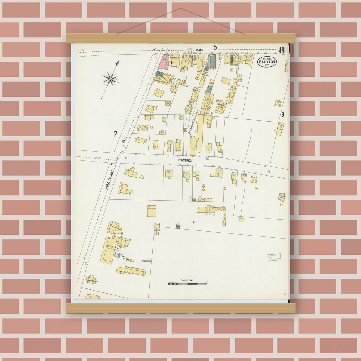 Old map wall art mockup — magnetic wood frame on brick wall — Sanborn Fire Insurance Map from Babylon, Suffolk County, New York (1902), Sheet #0008