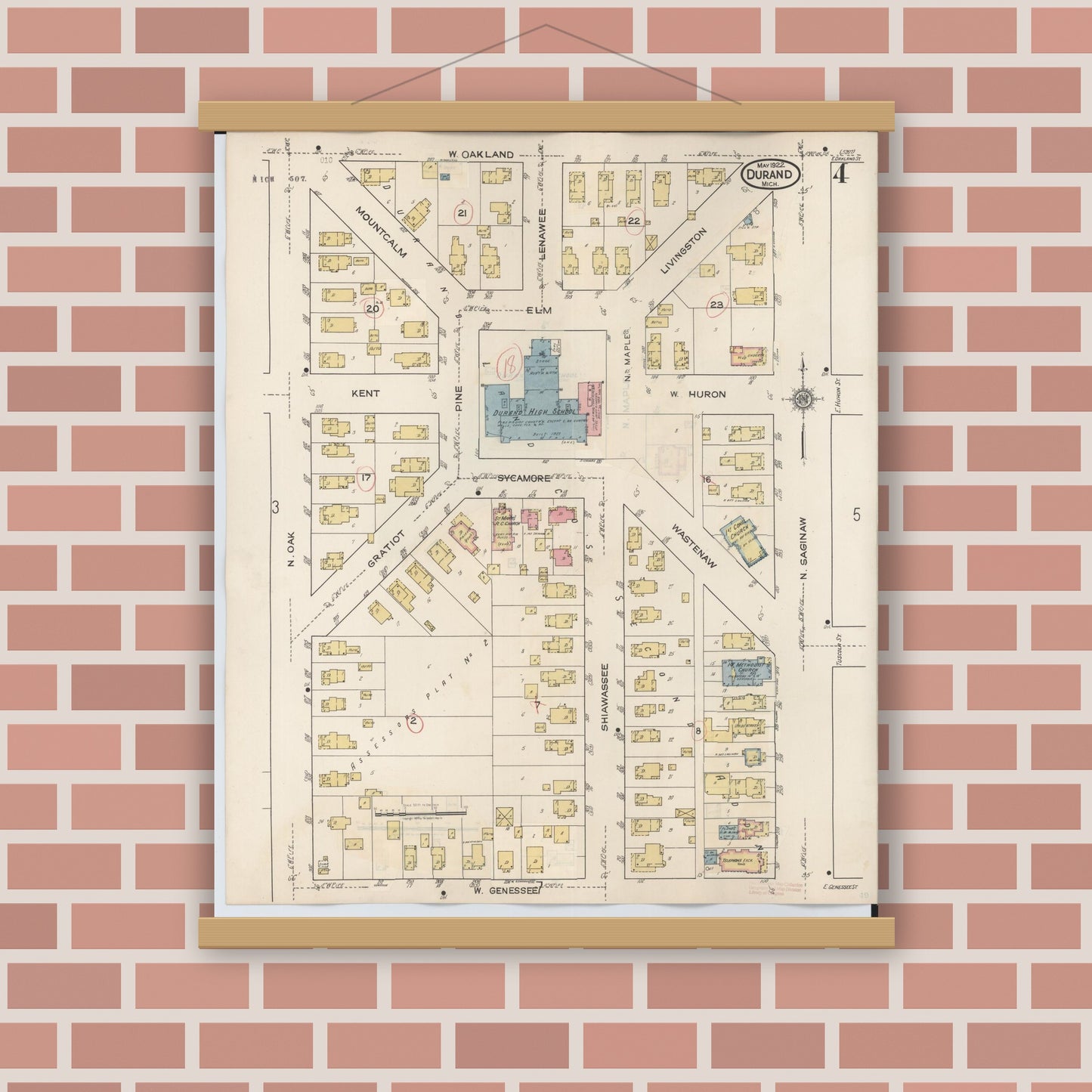 Old map wall art mockup — magnetic wood frame on brick wall — Sanborn Fire Insurance Map from Durand, Shiawassee County, Michigan (1944), Sheet #0004