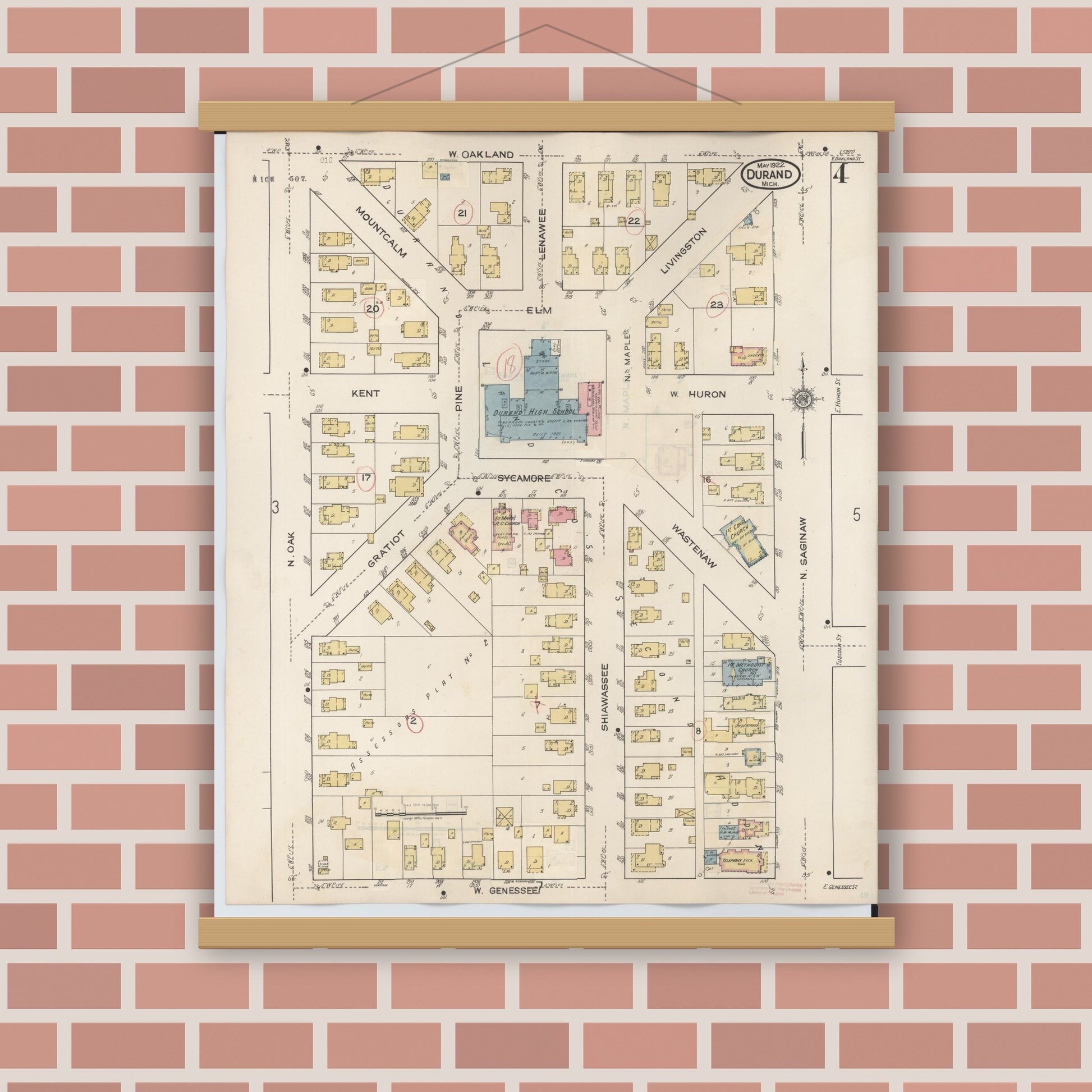 Old map wall art mockup — magnetic wood frame on brick wall — Sanborn Fire Insurance Map from Durand, Shiawassee County, Michigan (1944), Sheet #0004