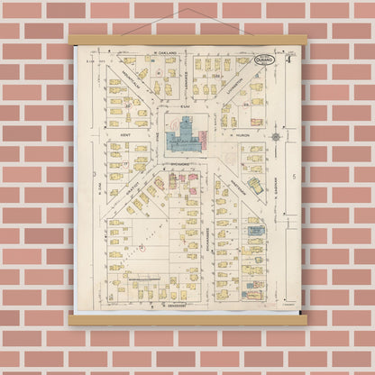 Old map wall art mockup — magnetic wood frame on brick wall — Sanborn Fire Insurance Map from Durand, Shiawassee County, Michigan (1944), Sheet #0004