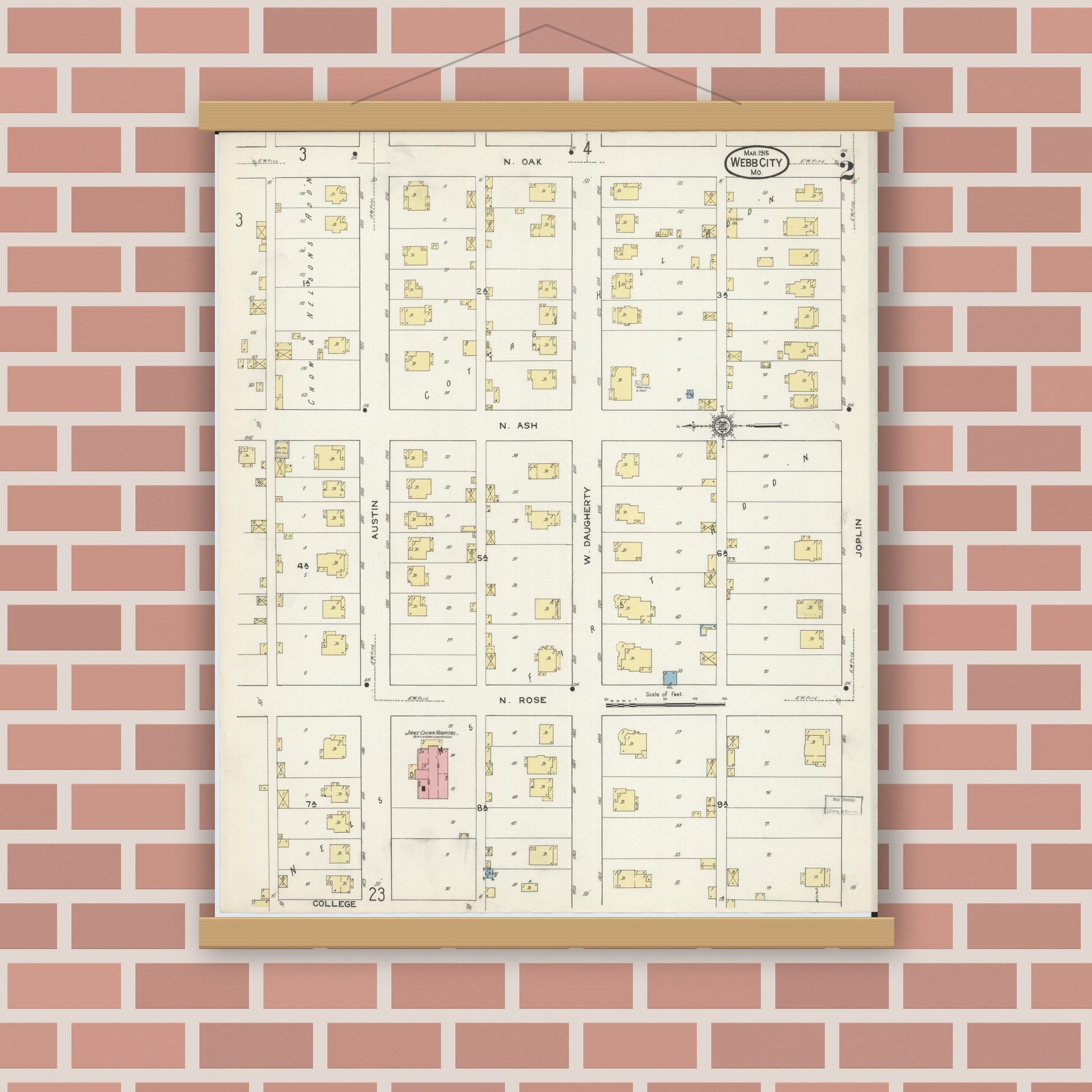 Old map wall art mockup — magnetic wood frame on brick wall — Sanborn Fire Insurance Map from Webb City, Jasper County, Missouri (1915), Sheet #0002