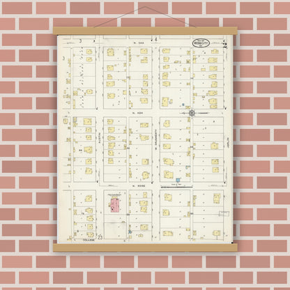 Old map wall art mockup — magnetic wood frame on brick wall — Sanborn Fire Insurance Map from Webb City, Jasper County, Missouri (1915), Sheet #0002
