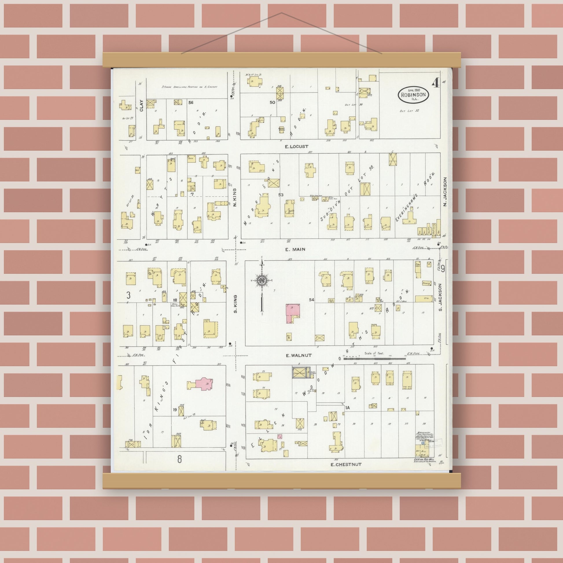 Old map wall art mockup — magnetic wood frame on brick wall — Sanborn Fire Insurance Map from Robinson, Crawford County, Illinois (1910), Sheet #0004