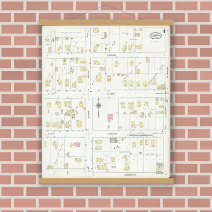 Old map wall art mockup — magnetic wood frame on brick wall — Sanborn Fire Insurance Map from Robinson, Crawford County, Illinois (1910), Sheet #0004