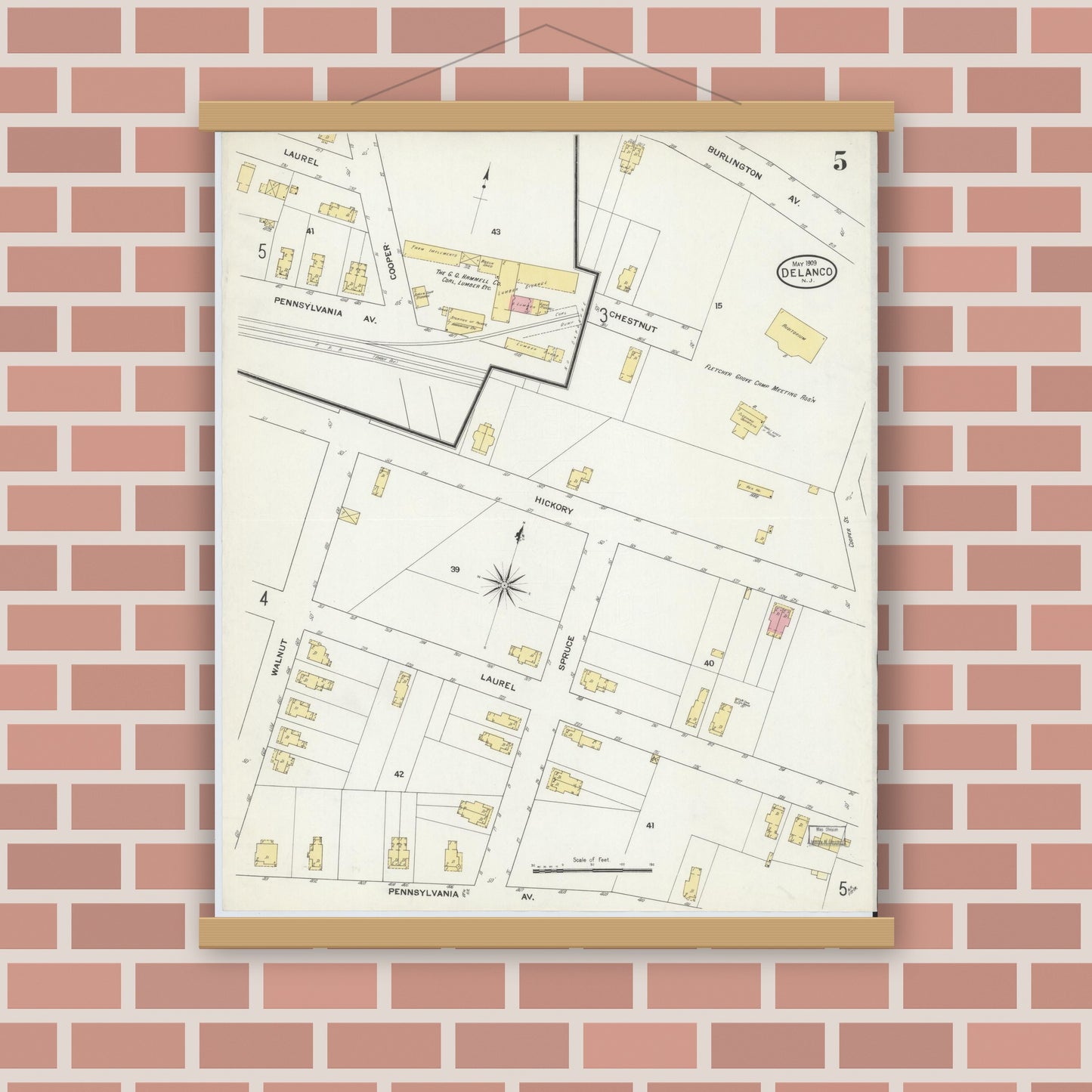Old map wall art mockup — magnetic wood frame on brick wall — Sanborn Fire Insurance Map from Delanco, Burlington County, New Jersey (1909), Sheet #0005