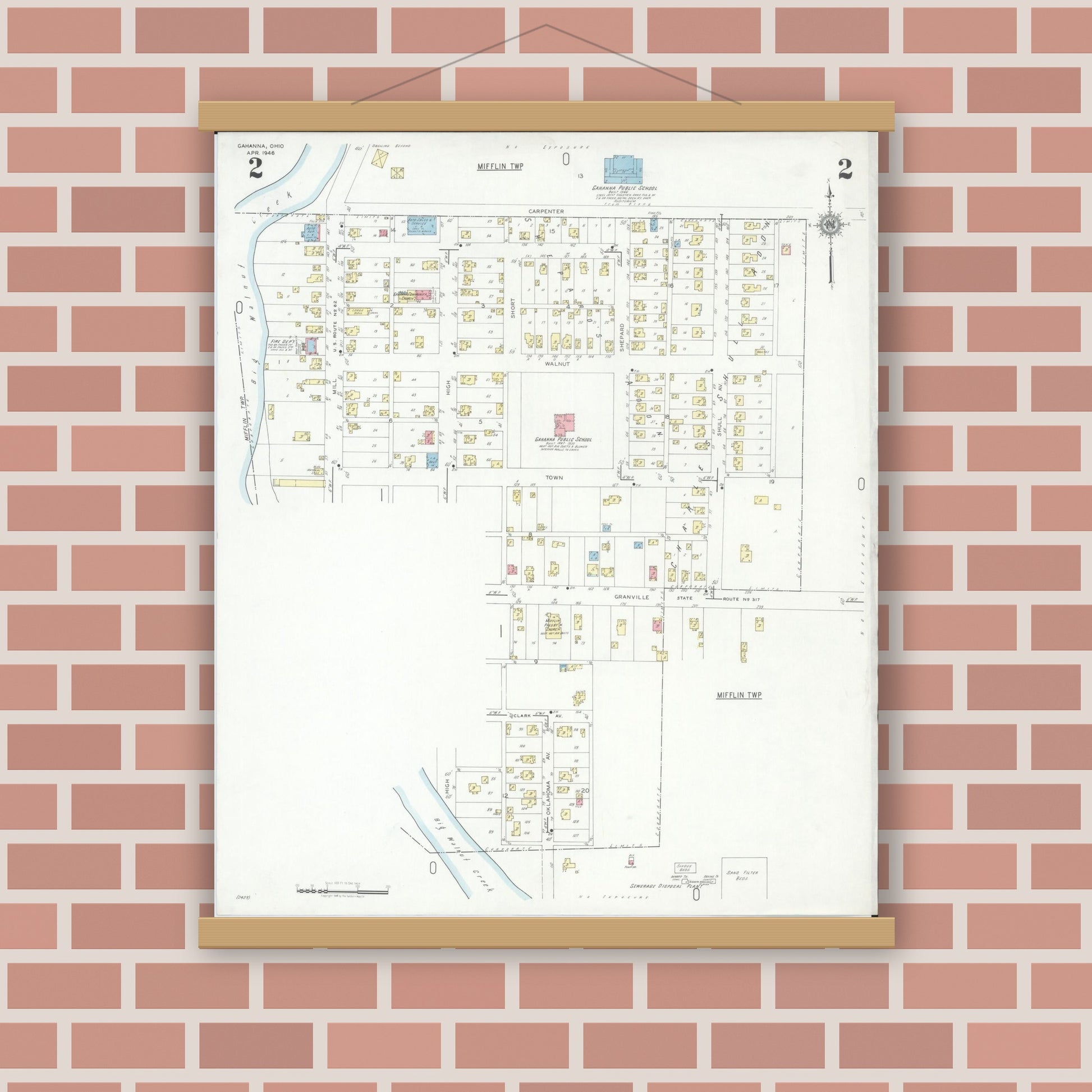 Old map wall art mockup — magnetic wood frame on brick wall — Sanborn Fire Insurance Map from Gahanna, Franklin County, Ohio (1946), Sheet #0002