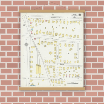 Old map wall art mockup — magnetic wood frame on brick wall — Sanborn Fire Insurance Map from Auburn, Cayuga County, New York (1898), Sheet #0021