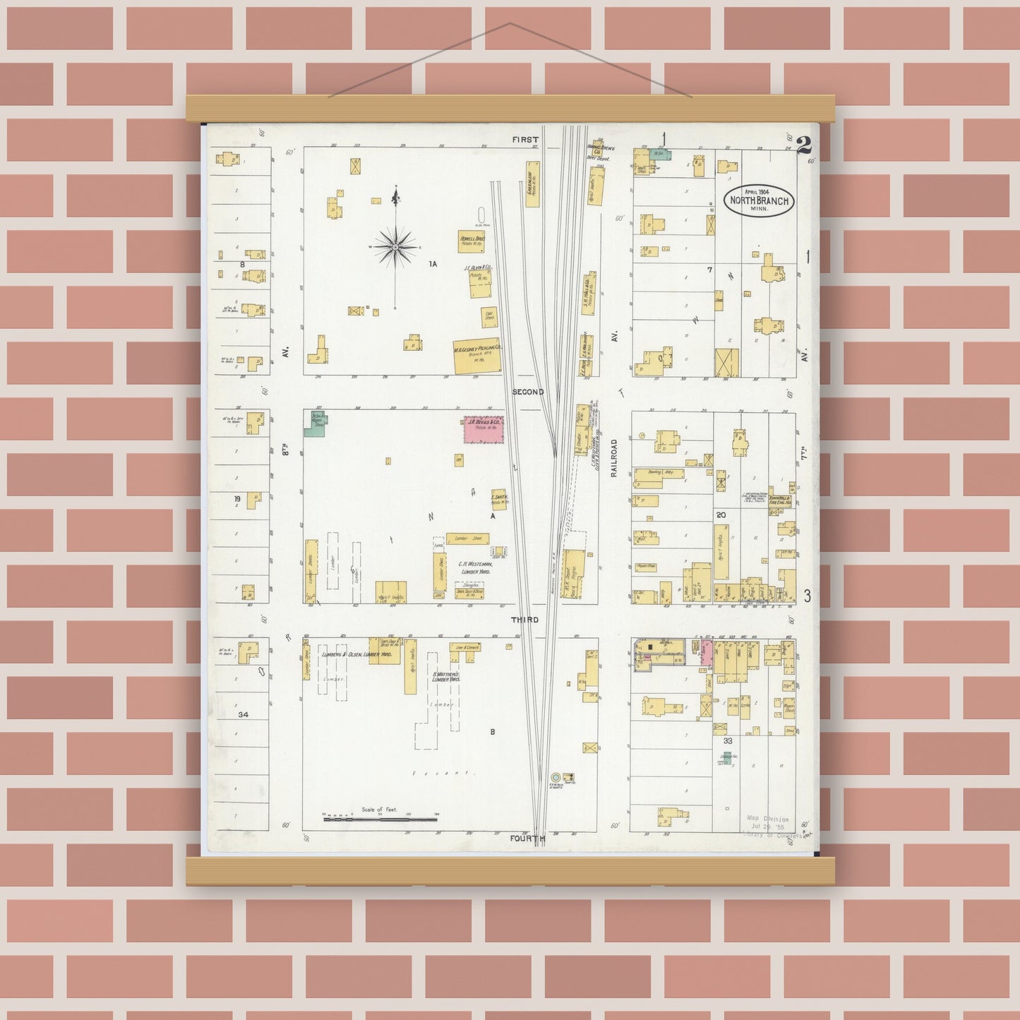 Old map wall art mockup — magnetic wood frame on brick wall — Sanborn Fire Insurance Map from North Branch, Chisago County, Minnesota (1904), Sheet #0002