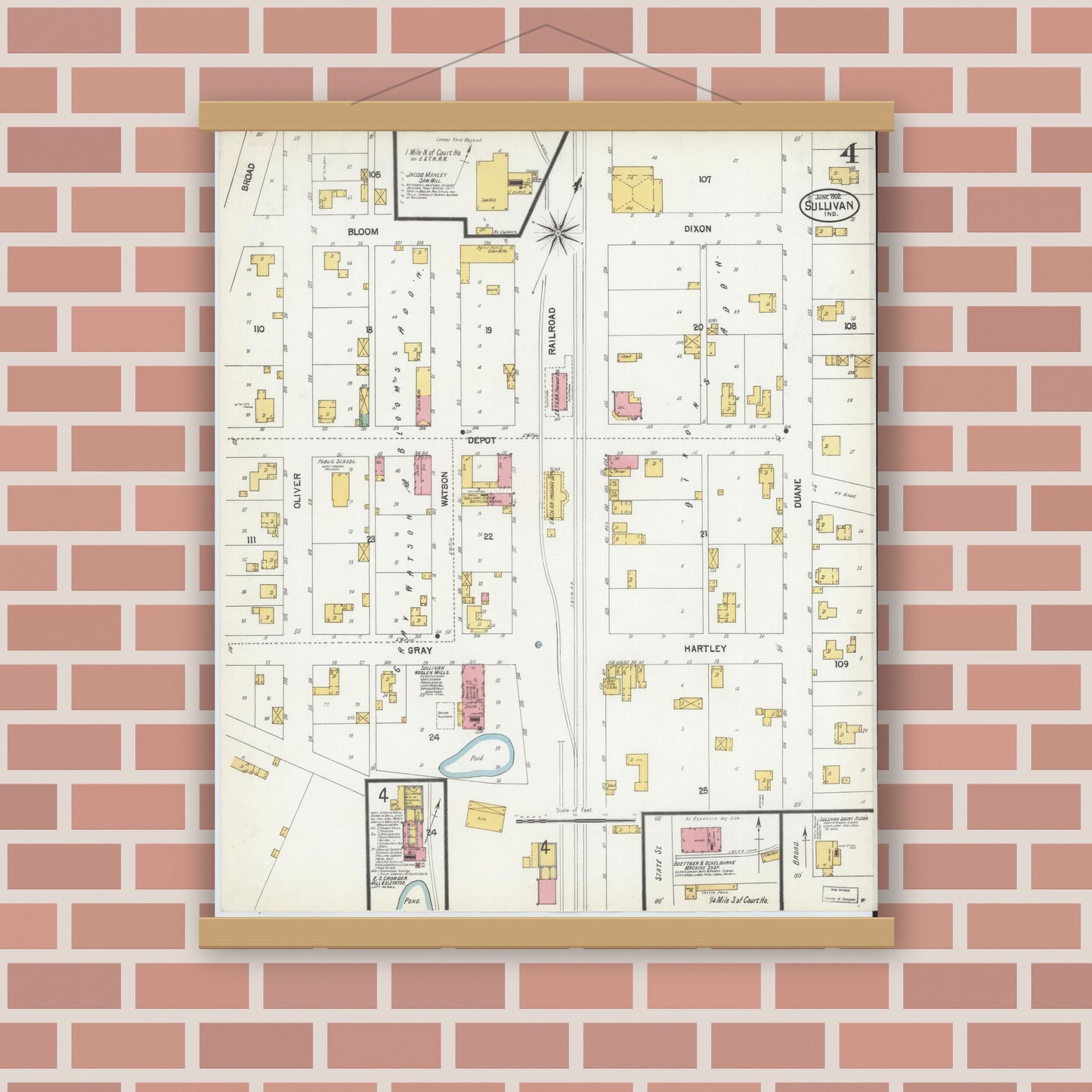Old map wall art mockup — magnetic wood frame on brick wall — Sanborn Fire Insurance Map from Sullivan, Sullivan County, Indiana (1902), Sheet #0004