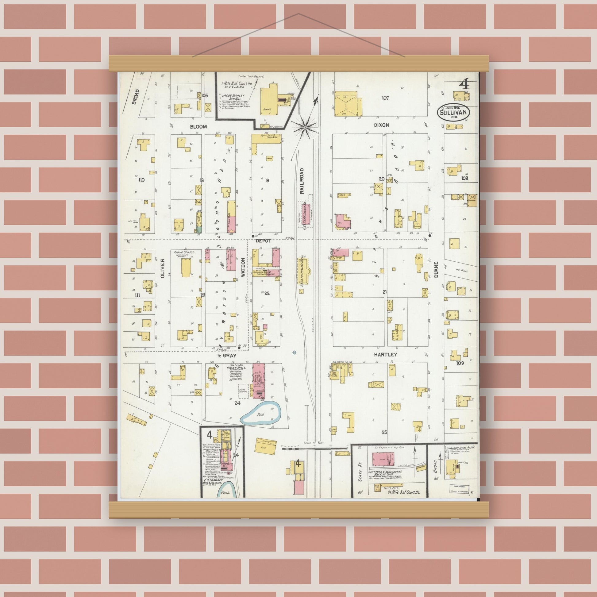 Old map wall art mockup — magnetic wood frame on brick wall — Sanborn Fire Insurance Map from Sullivan, Sullivan County, Indiana (1902), Sheet #0004