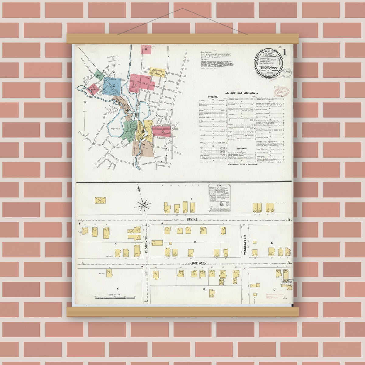 Old map wall art mockup — magnetic wood frame on brick wall — Sanborn Fire Insurance Map from Winchester, Middlesex County, Massachusetts (1899), Sheet #0001