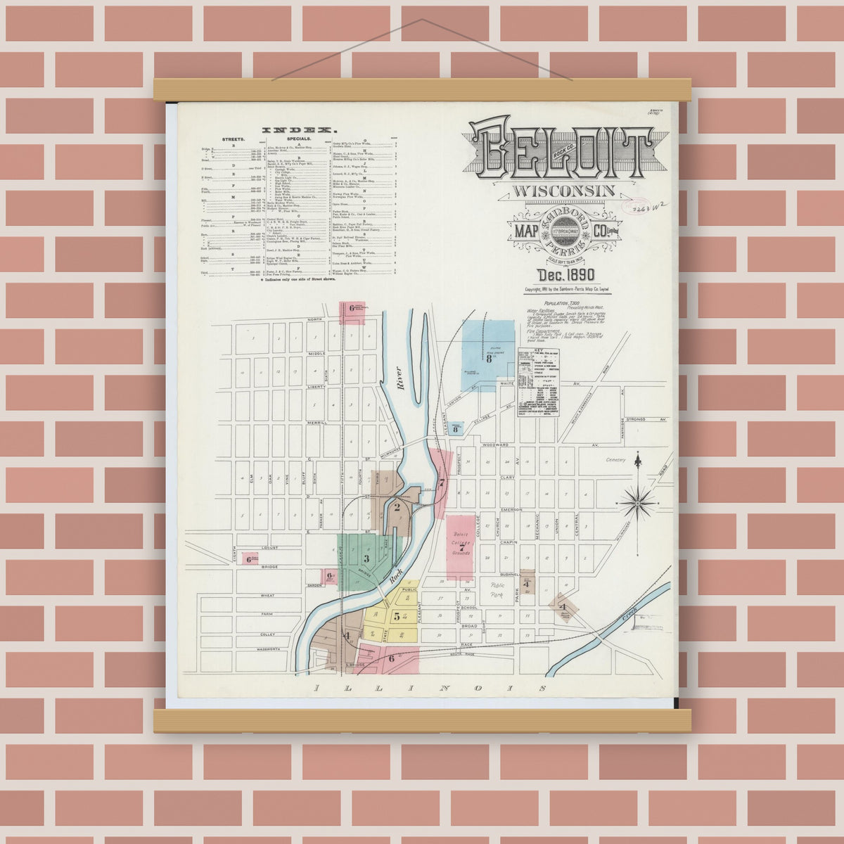 Old map wall art mockup — magnetic wood frame on brick wall — Sanborn Fire Insurance Map from Beloit, Rock County, Wisconsin (1890), Sheet #0001