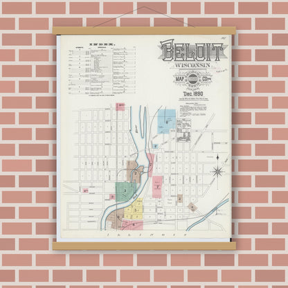 Old map wall art mockup — magnetic wood frame on brick wall — Sanborn Fire Insurance Map from Beloit, Rock County, Wisconsin (1890), Sheet #0001