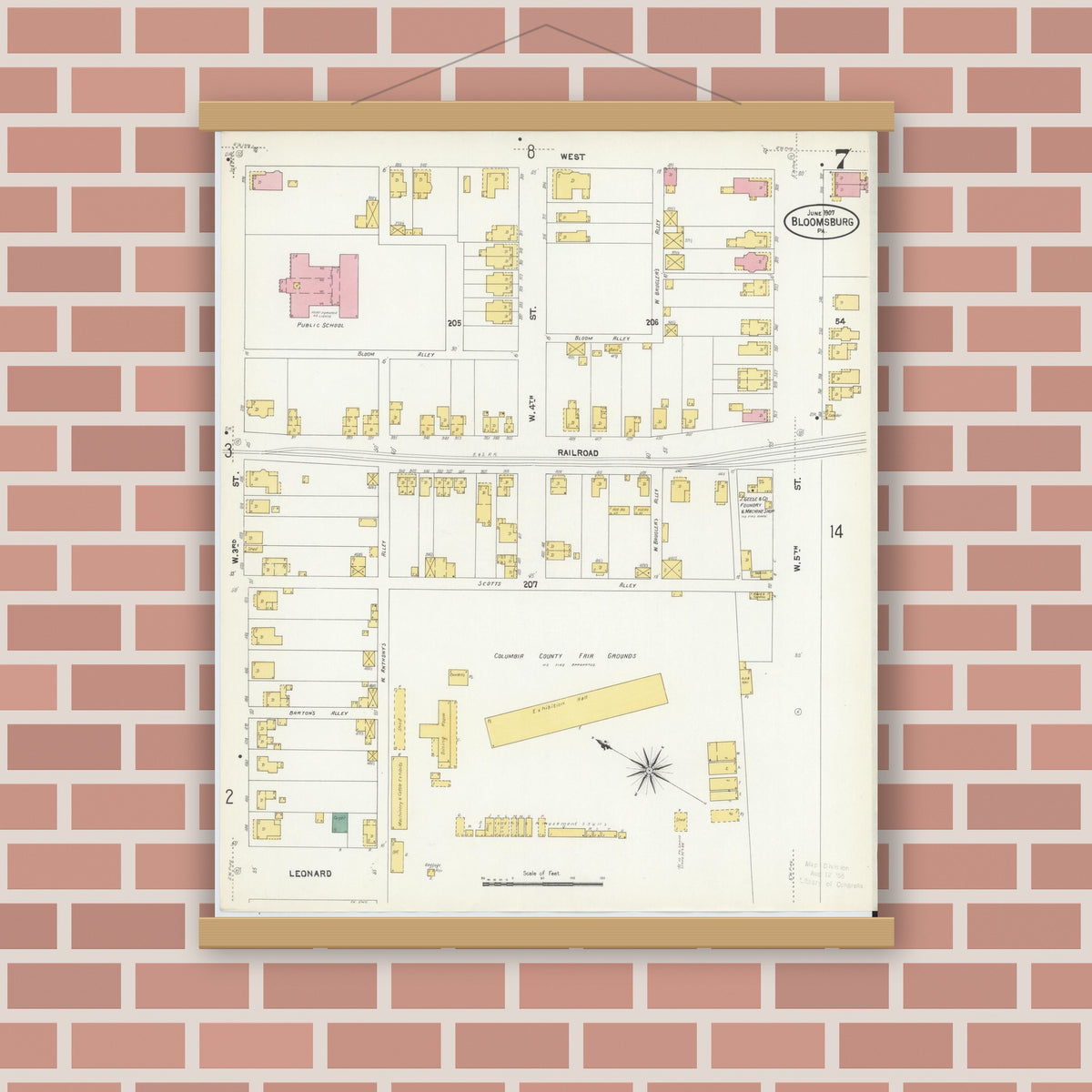 Old map wall art mockup — magnetic wood frame on brick wall — Sanborn Fire Insurance Map from Bloomsburg, Columbia County, Pennsylvania (1907), Sheet #0007