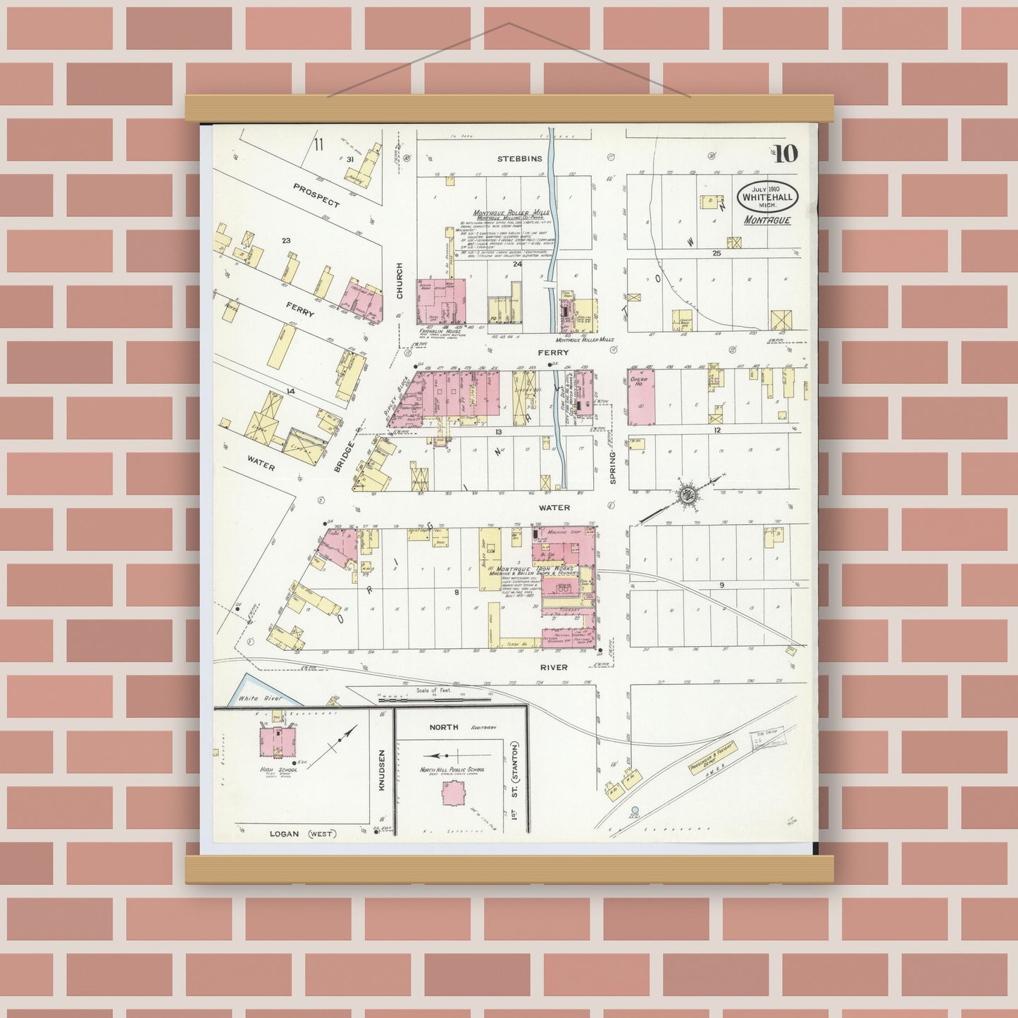 Old map wall art mockup — magnetic wood frame on brick wall — Sanborn Fire Insurance Map from Whitehall, Muskegon County, Michigan (1910), Sheet #0010