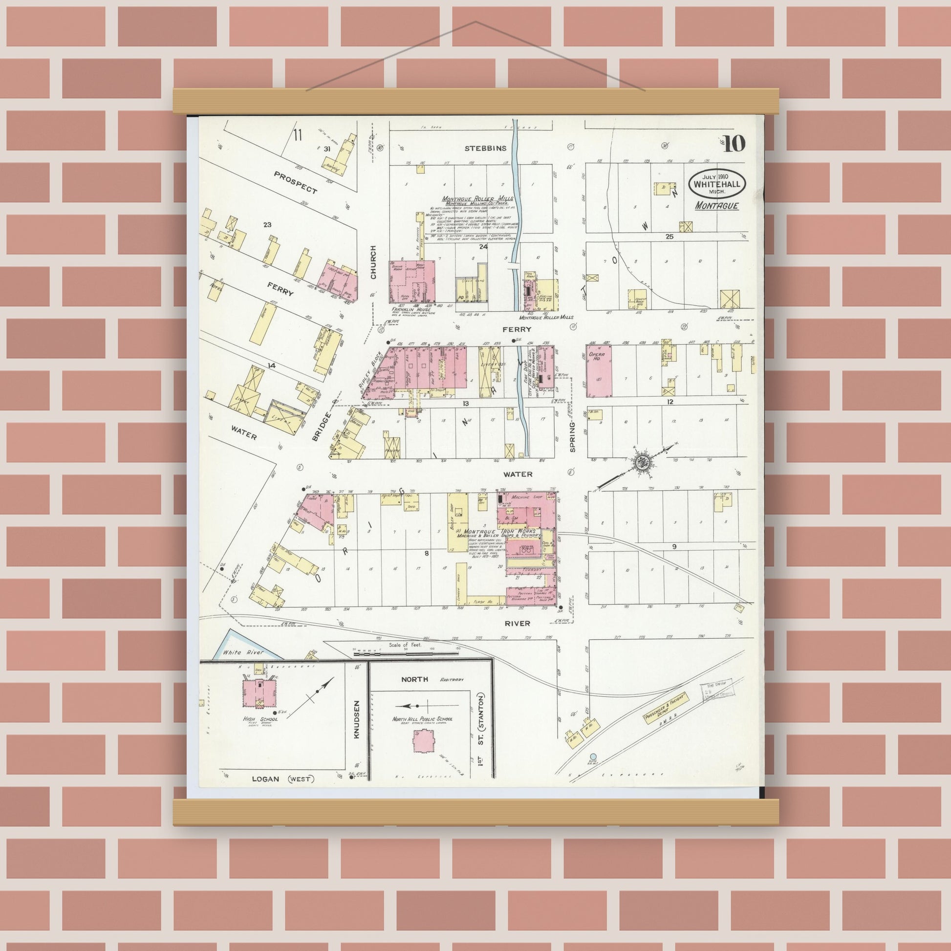 Old map wall art mockup — magnetic wood frame on brick wall — Sanborn Fire Insurance Map from Whitehall, Muskegon County, Michigan (1910), Sheet #0010