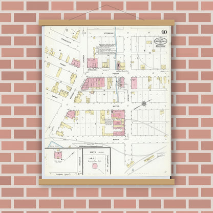Old map wall art mockup — magnetic wood frame on brick wall — Sanborn Fire Insurance Map from Whitehall, Muskegon County, Michigan (1910), Sheet #0010