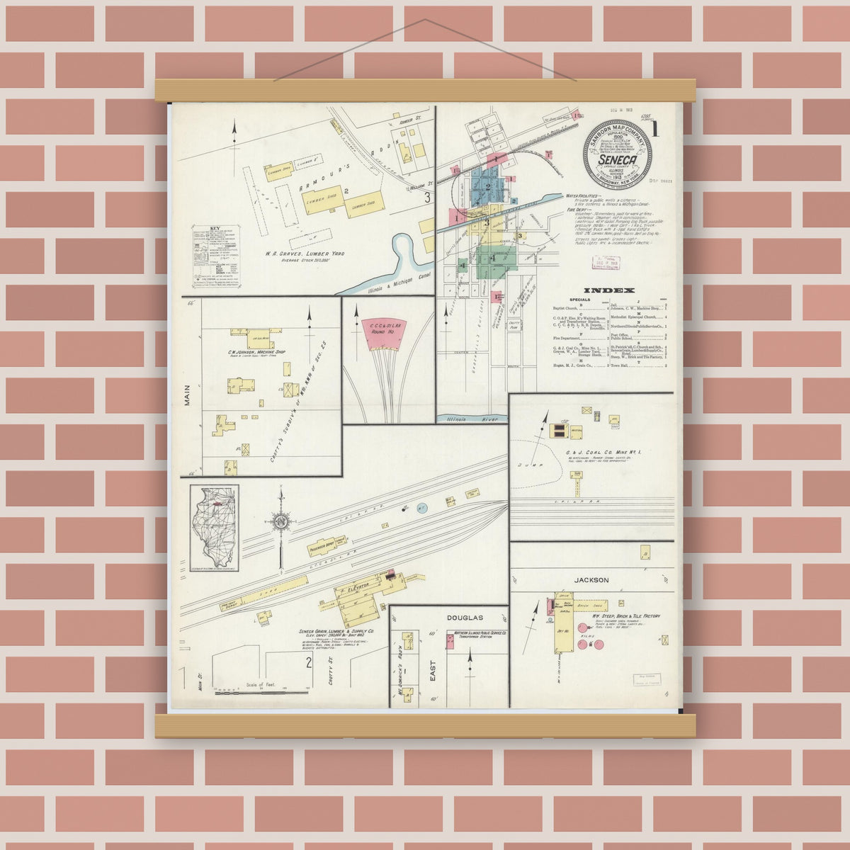 Old map wall art mockup — magnetic wood frame on brick wall — Sanborn Fire Insurance Map from Seneca, La Salle County, Illinois (1913), Sheet #0001