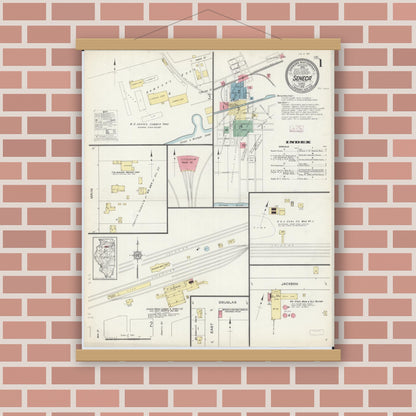Old map wall art mockup — magnetic wood frame on brick wall — Sanborn Fire Insurance Map from Seneca, La Salle County, Illinois (1913), Sheet #0001