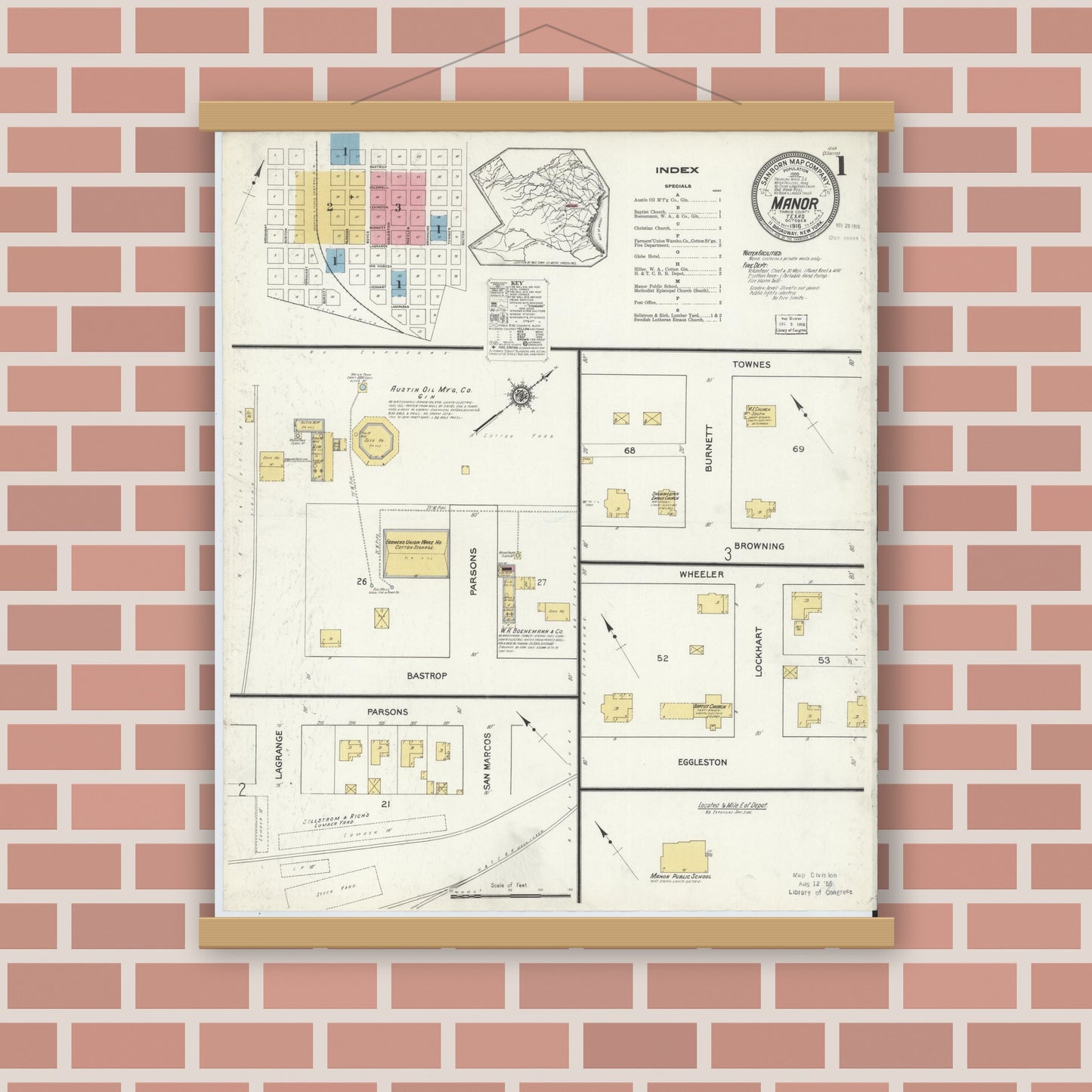 Old map wall art mockup — magnetic wood frame on brick wall — Sanborn Fire Insurance Map from Manor, Travis County, Texas (1916), Sheet #0001