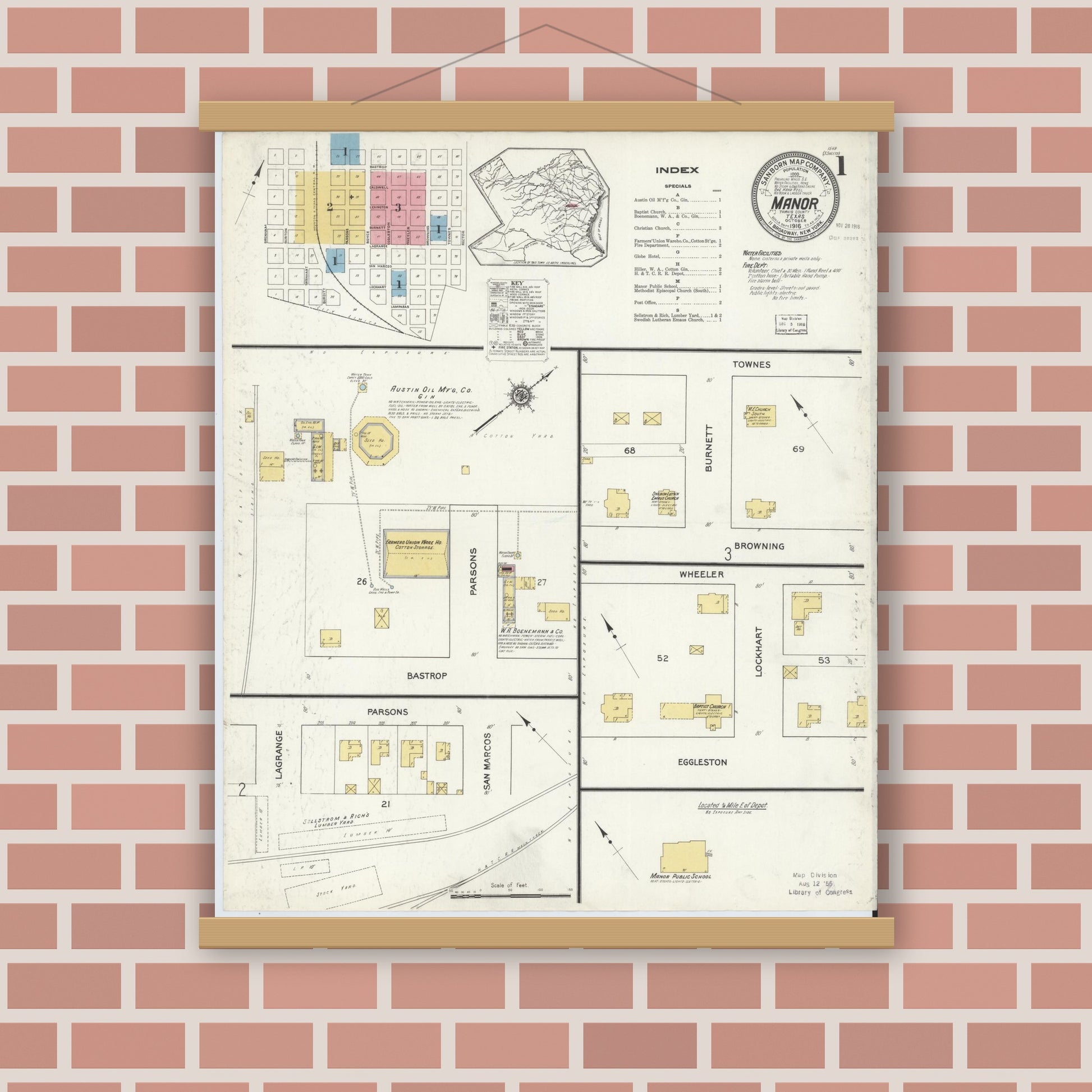 Old map wall art mockup — magnetic wood frame on brick wall — Sanborn Fire Insurance Map from Manor, Travis County, Texas (1916), Sheet #0001