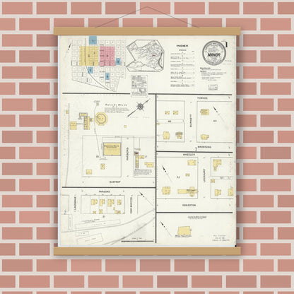 Old map wall art mockup — magnetic wood frame on brick wall — Sanborn Fire Insurance Map from Manor, Travis County, Texas (1916), Sheet #0001