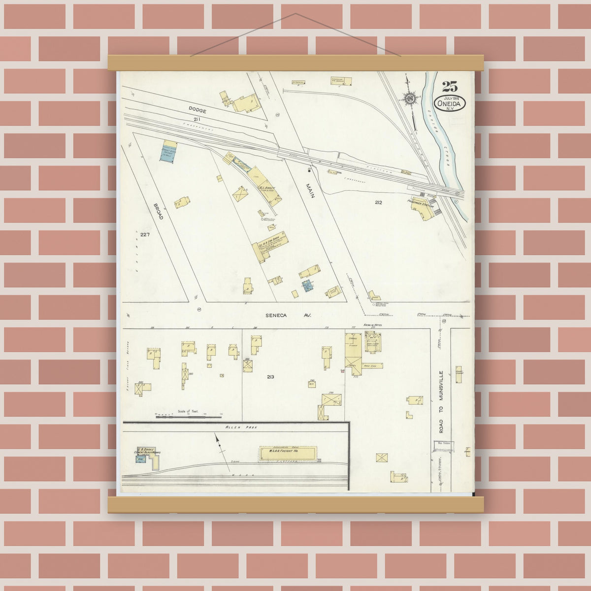 Old map wall art mockup — magnetic wood frame on brick wall — Sanborn Fire Insurance Map from Oneida, Madison County, New York (1914), Sheet #0025