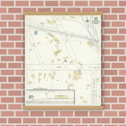 Old map wall art mockup — magnetic wood frame on brick wall — Sanborn Fire Insurance Map from Oneida, Madison County, New York (1914), Sheet #0025
