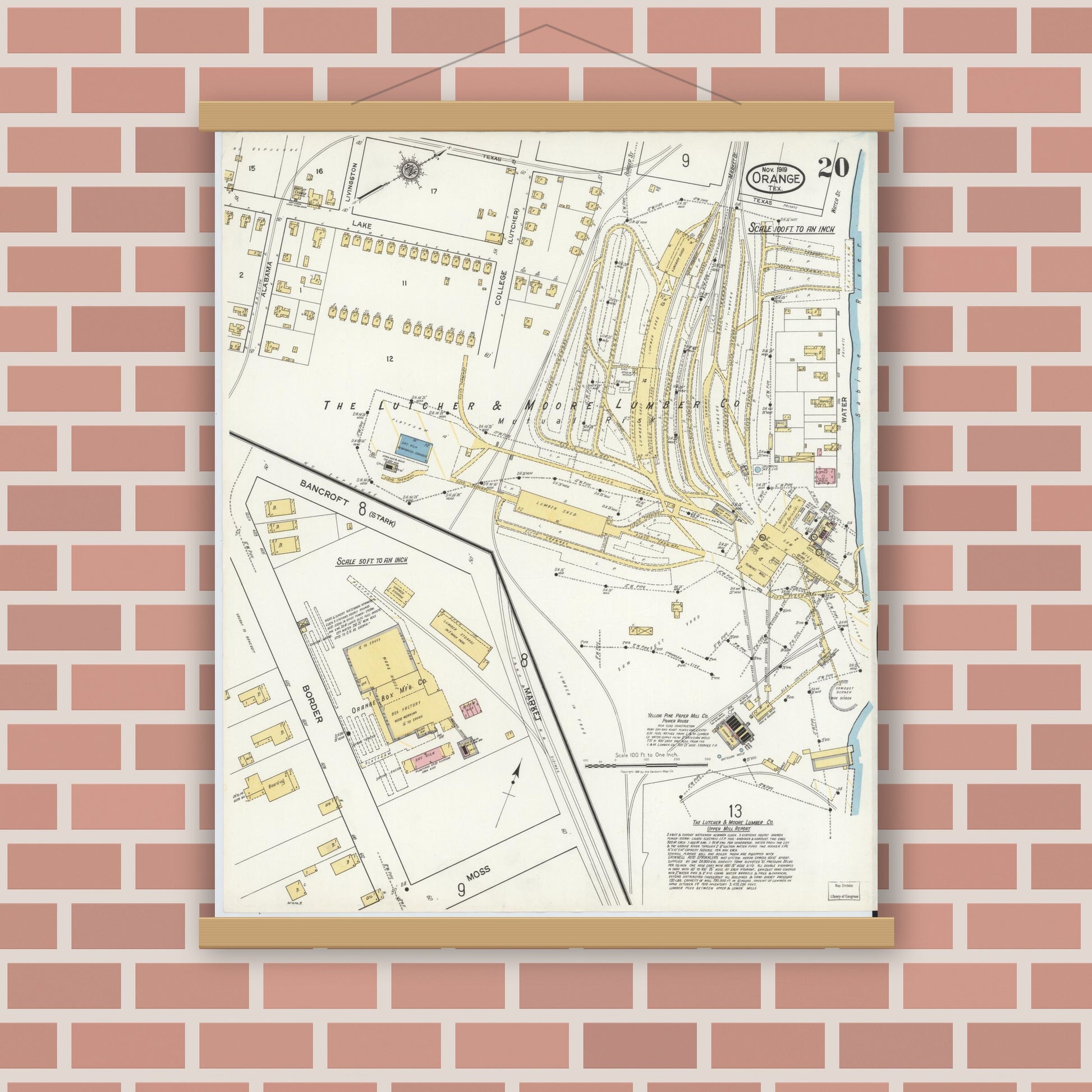 Old map wall art mockup — magnetic wood frame on brick wall — Sanborn Fire Insurance Map from Orange, Orange County, Texas (1919), Sheet #0020
