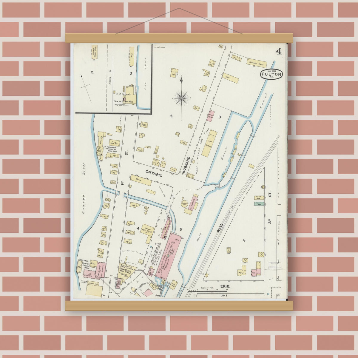 Old map wall art mockup — magnetic wood frame on brick wall — Sanborn Fire Insurance Map from Fulton, Oswego County, New York (1890), Sheet #0004