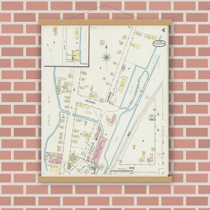 Old map wall art mockup — magnetic wood frame on brick wall — Sanborn Fire Insurance Map from Fulton, Oswego County, New York (1890), Sheet #0004