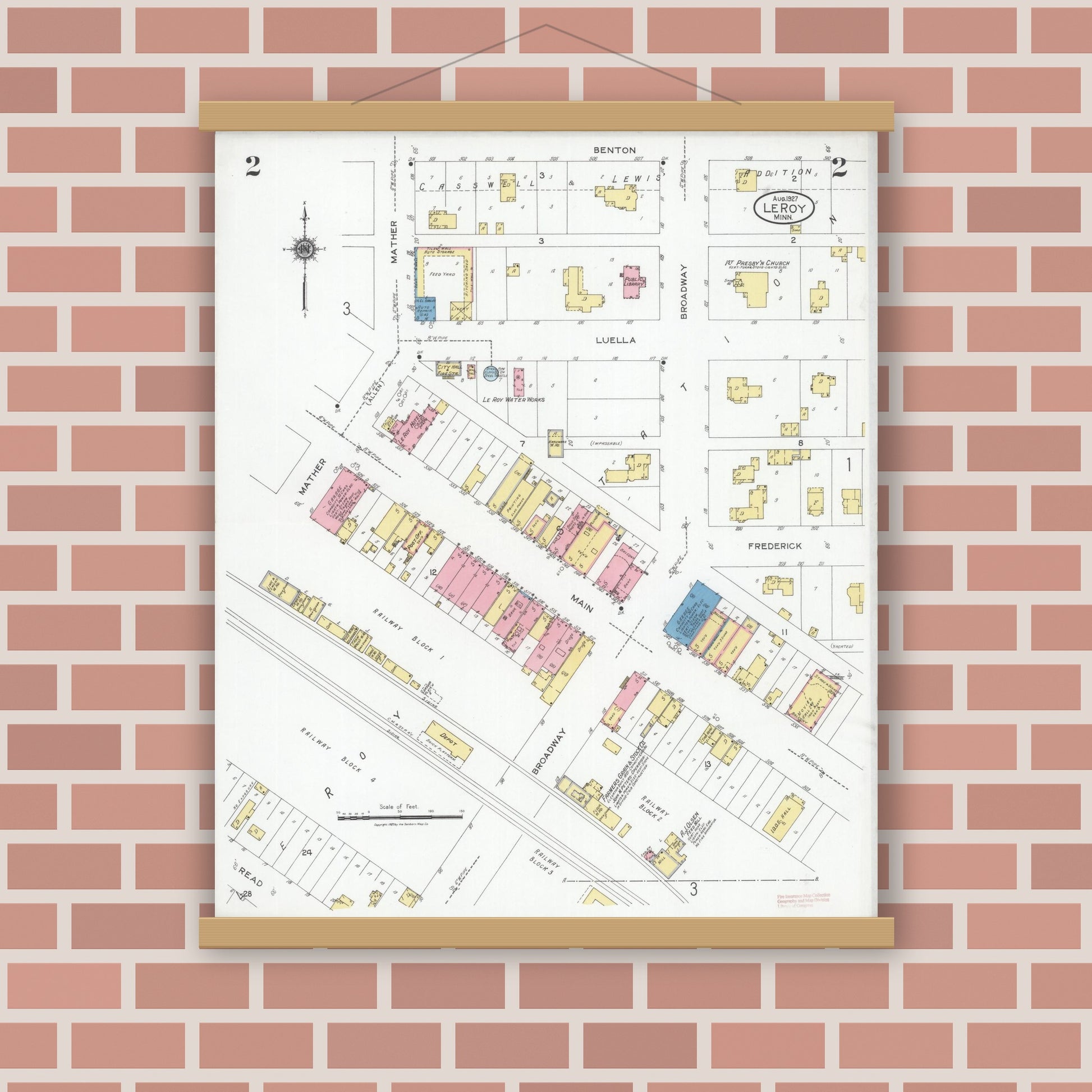 Old map wall art mockup — magnetic wood frame on brick wall — Sanborn Fire Insurance Map from Le Roy, Mower County, Minnesota (1927), Sheet #0002