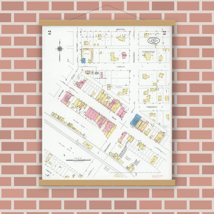 Old map wall art mockup — magnetic wood frame on brick wall — Sanborn Fire Insurance Map from Le Roy, Mower County, Minnesota (1927), Sheet #0002