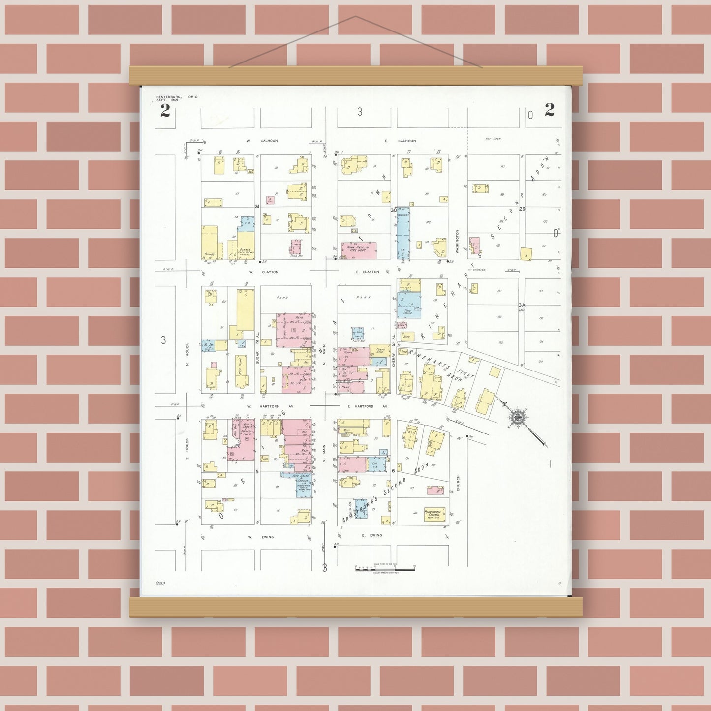 Old map wall art mockup — magnetic wood frame on brick wall — Sanborn Fire Insurance Map from Centerburg, Knox County, Ohio (1949), Sheet #0002