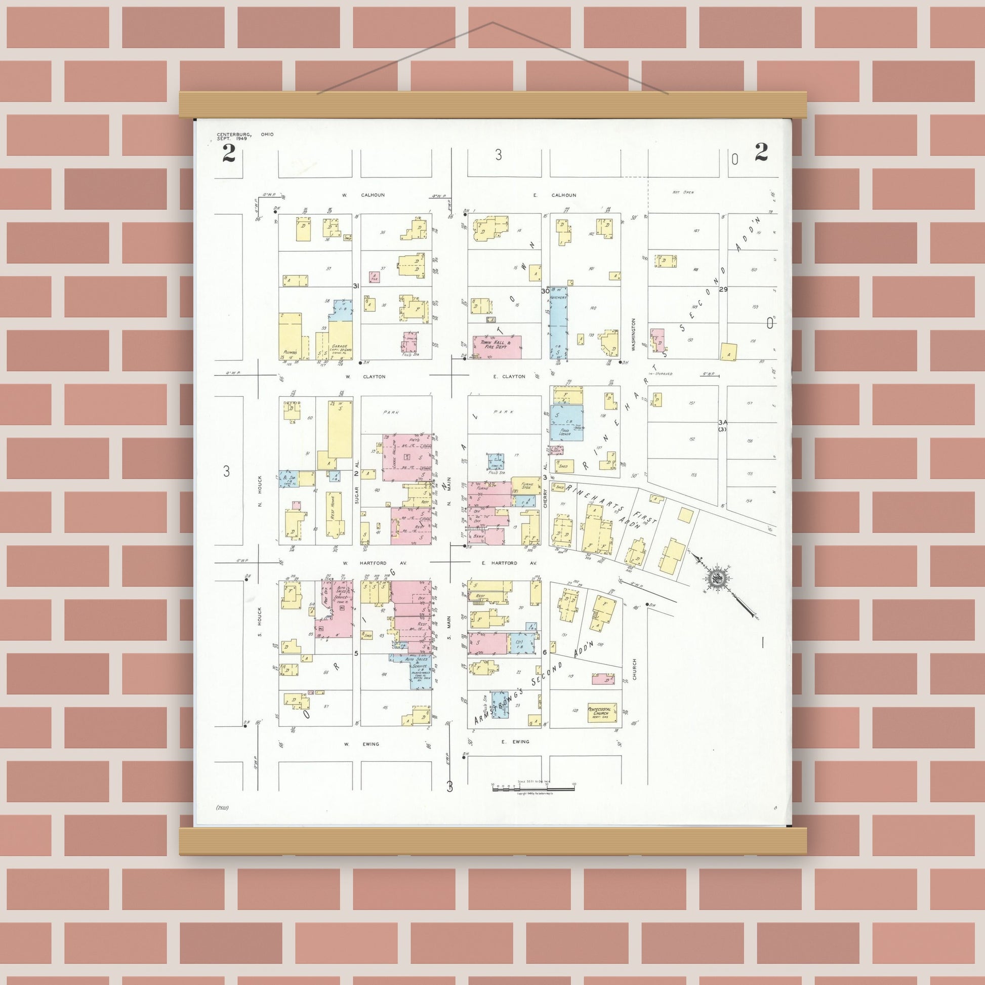 Old map wall art mockup — magnetic wood frame on brick wall — Sanborn Fire Insurance Map from Centerburg, Knox County, Ohio (1949), Sheet #0002