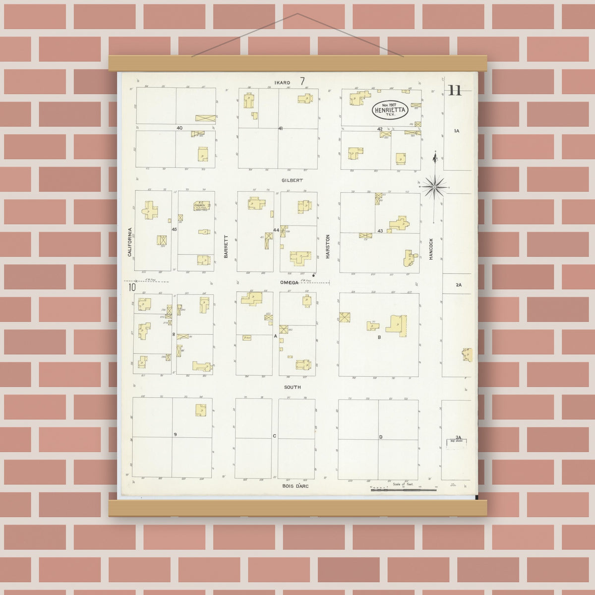 Old map wall art mockup — magnetic wood frame on brick wall — Sanborn Fire Insurance Map from Henrietta, Clay County, Texas (1907), Sheet #0011