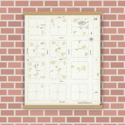 Old map wall art mockup — magnetic wood frame on brick wall — Sanborn Fire Insurance Map from Henrietta, Clay County, Texas (1907), Sheet #0011