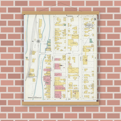 Old map wall art mockup — magnetic wood frame on brick wall — Sanborn Fire Insurance Map from Traverse City, Grand Traverse County, Michigan (1904), Sheet #0003
