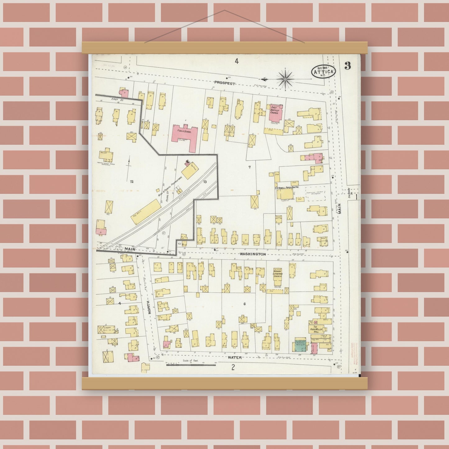 Old map wall art mockup — magnetic wood frame on brick wall — Sanborn Fire Insurance Map from Attica, Wyoming County, New York (1904), Sheet #0003