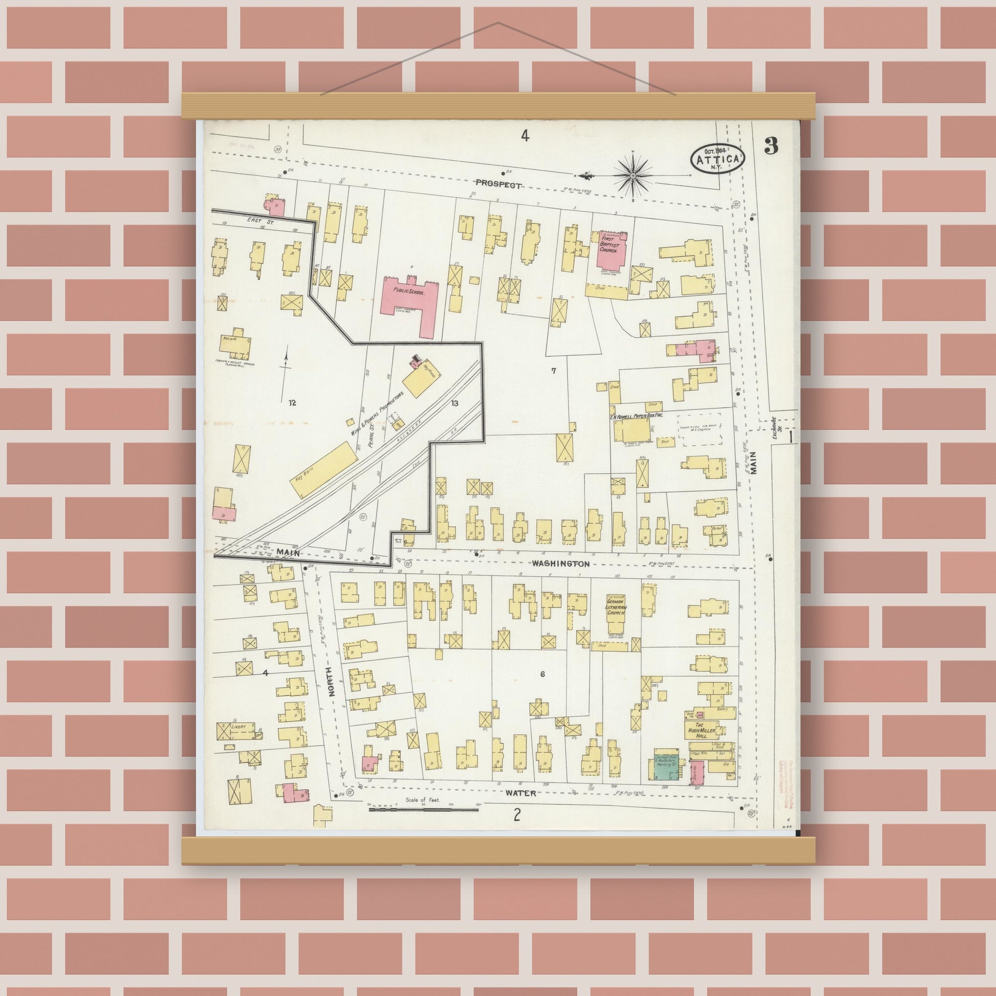 Old map wall art mockup — magnetic wood frame on brick wall — Sanborn Fire Insurance Map from Attica, Wyoming County, New York (1904), Sheet #0003