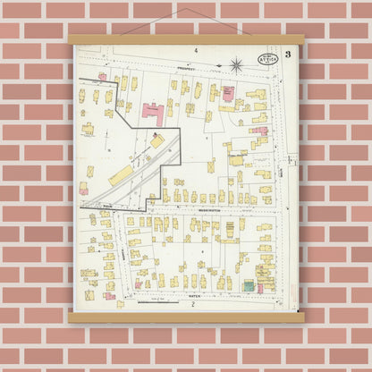 Old map wall art mockup — magnetic wood frame on brick wall — Sanborn Fire Insurance Map from Attica, Wyoming County, New York (1904), Sheet #0003
