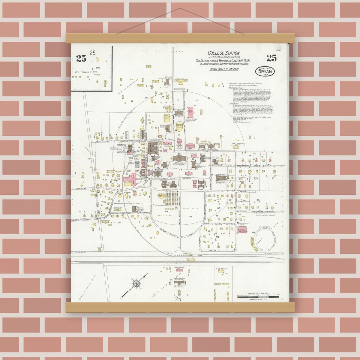 Old map wall art mockup — magnetic wood frame on brick wall — Sanborn Fire Insurance Map from Bryan, Brazos County, Texas (1925), Sheet #0025