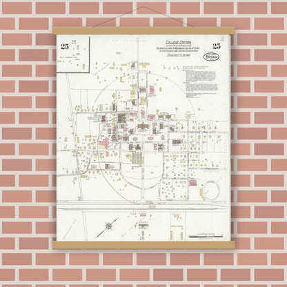 Old map wall art mockup — magnetic wood frame on brick wall — Sanborn Fire Insurance Map from Bryan, Brazos County, Texas (1925), Sheet #0025