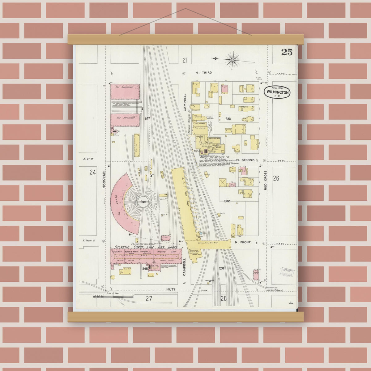 Old map wall art mockup — magnetic wood frame on brick wall — Sanborn Fire Insurance Map from Wilmington, New Hanover County, North Carolina (1898), Sheet #0025