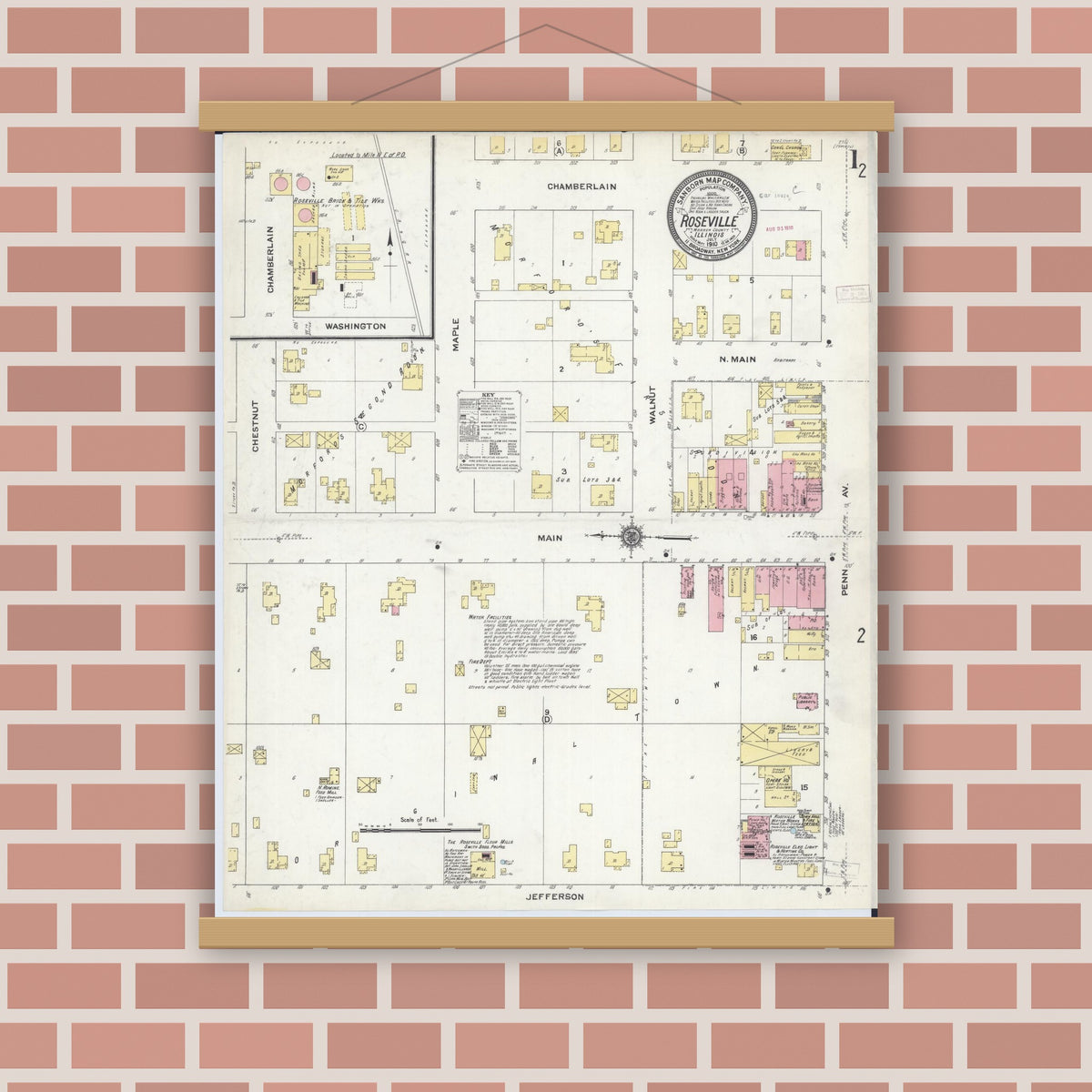 Old map wall art mockup — magnetic wood frame on brick wall — Sanborn Fire Insurance Map from Roseville, Warren County, Illinois (1910), Sheet #0001