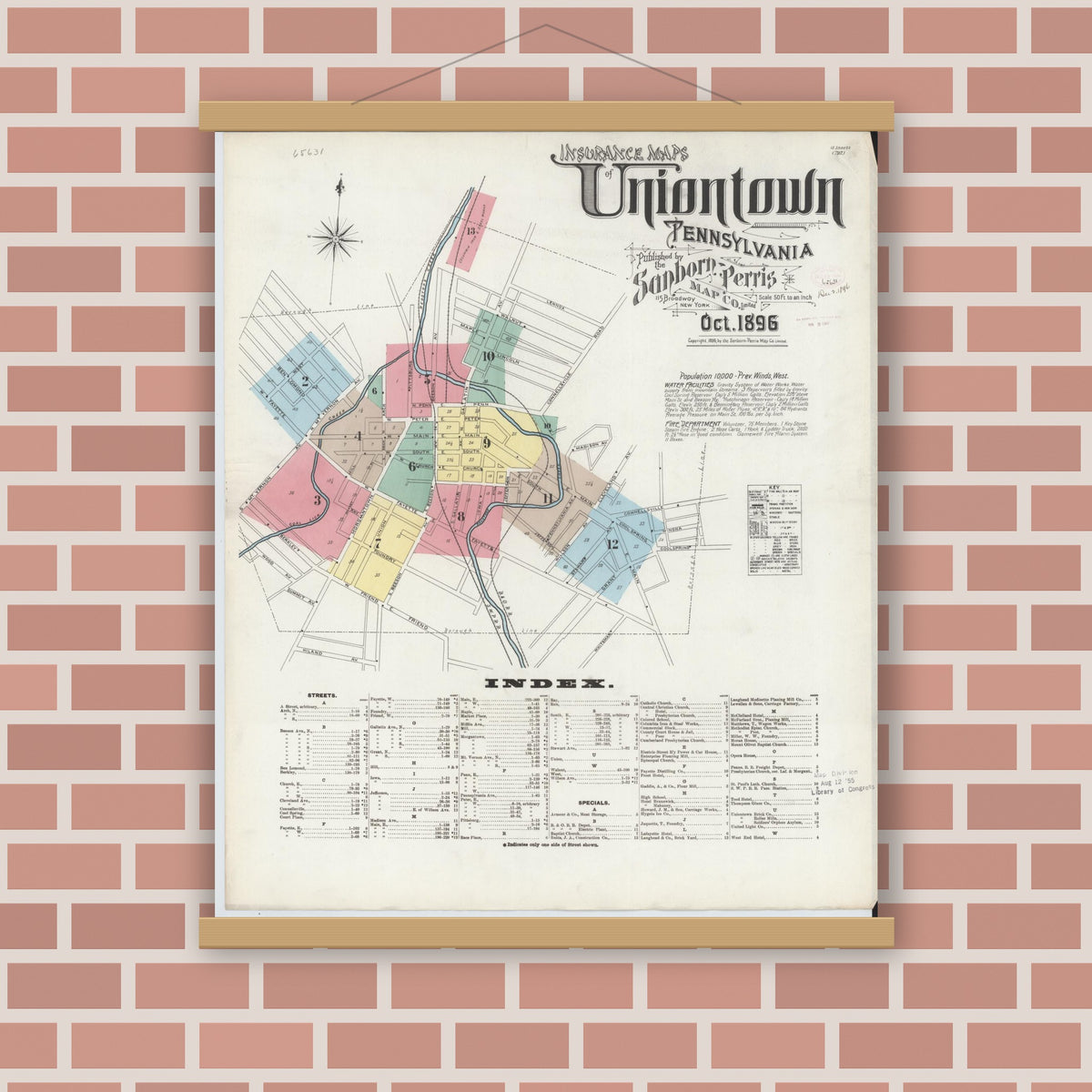 Old map wall art mockup — magnetic wood frame on brick wall — Sanborn Fire Insurance Map from Uniontown, Fayette County, Pennsylvania (1896) - Complete Map Set