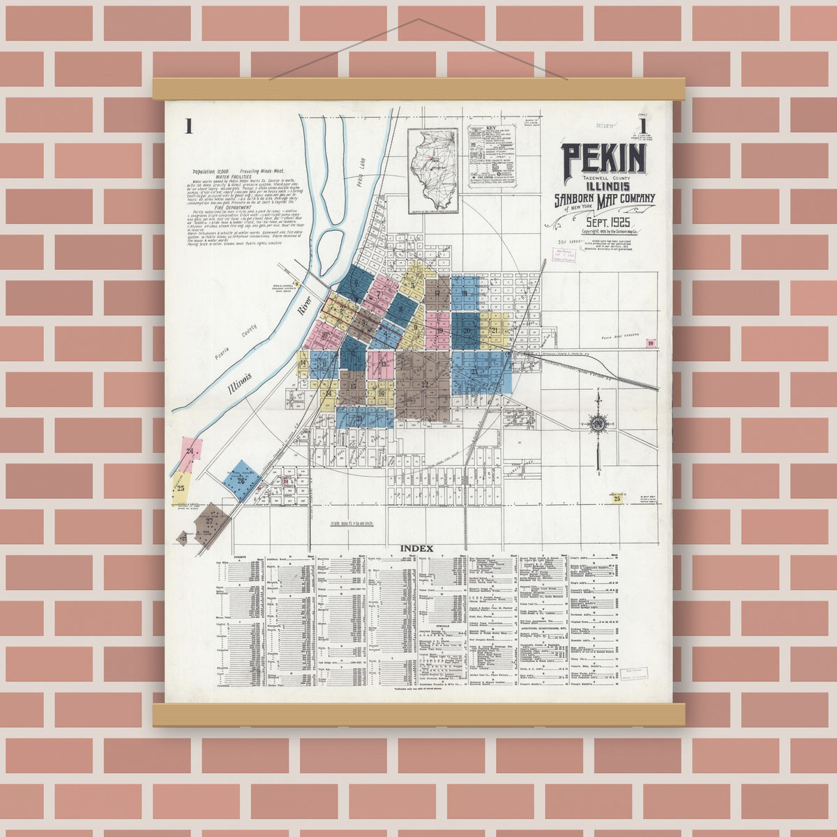 Old map wall art mockup — magnetic wood frame on brick wall — Sanborn Fire Insurance Map from Pekin, Tazewell County, Illinois (1925) - Complete Map Set