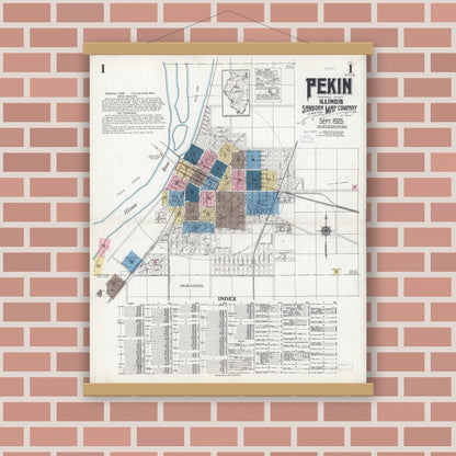 Old map wall art mockup — magnetic wood frame on brick wall — Sanborn Fire Insurance Map from Pekin, Tazewell County, Illinois (1925) - Complete Map Set