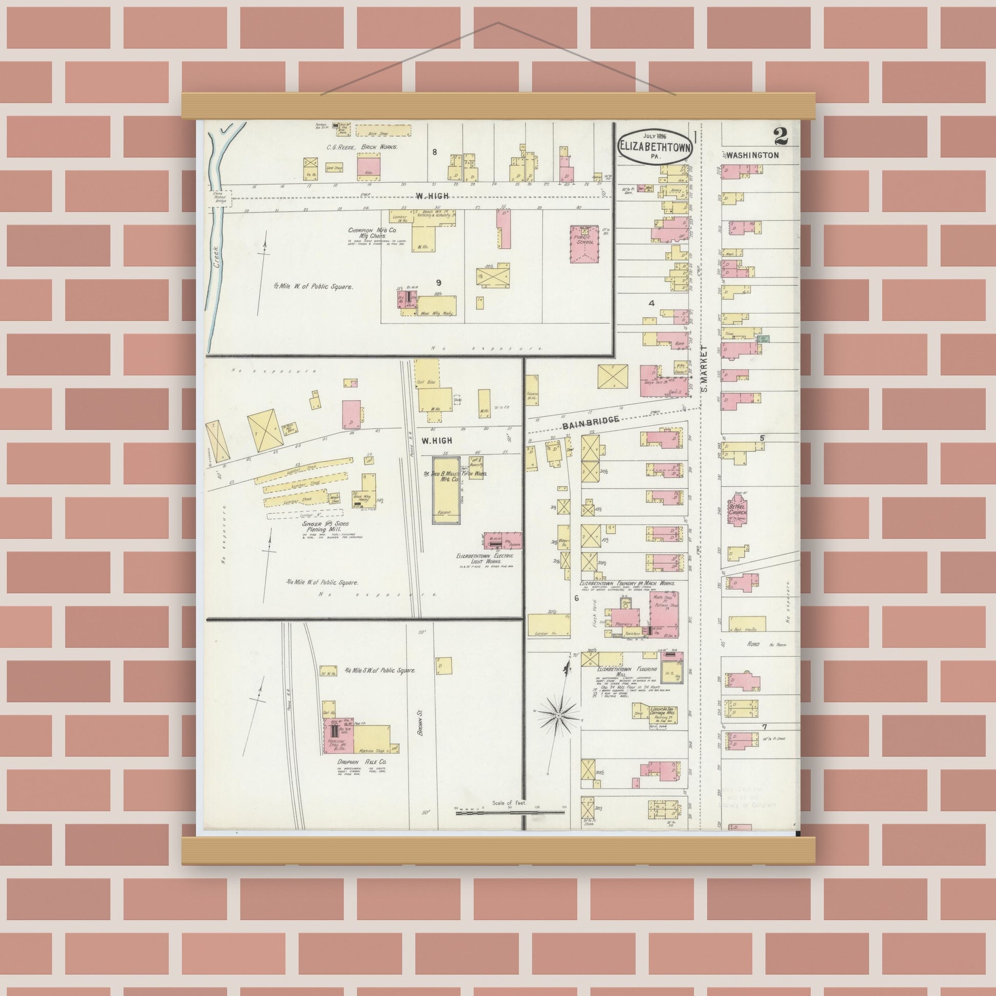 Old map wall art mockup — magnetic wood frame on brick wall — Sanborn Fire Insurance Map from Elizabethtown, Lancaster County, Pennsylvania (1896), Sheet #0002